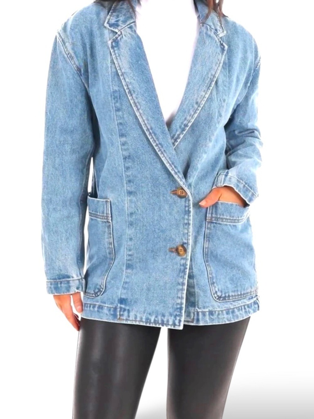 MIOU MUSE Cotton Blend Oversized Denim Blazer Front Patch Pockets US Sz M